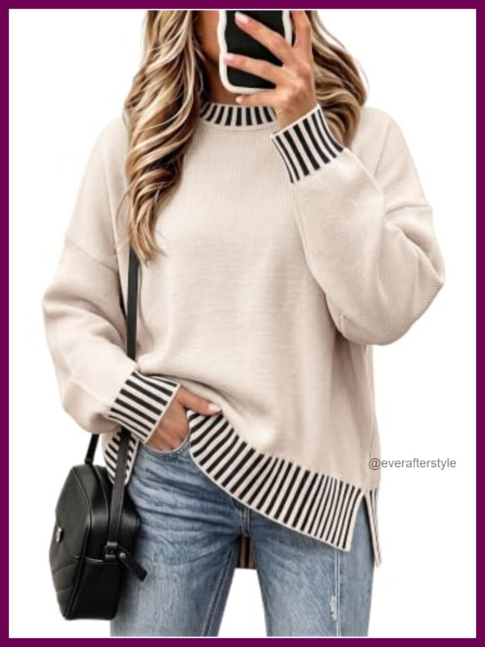 Oversized Colorblock Knit Sweater Women Batwing Sleeve Pullover Tunic